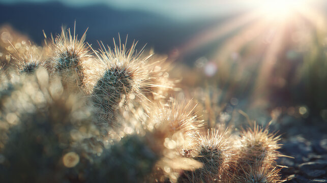 The spiky cactus plants capture the sunlight, casting spiky shadows. Sunlight highlights each spiky cactus against the dry landscape. The desert scene features spiky thorny details. - Powered by Adobe