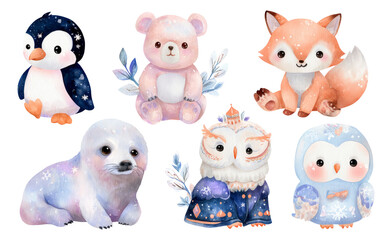 Fototapeta premium Adorable Watercolor Animals Collection Featuring Penguin, Bear, Fox, Seal, Owl