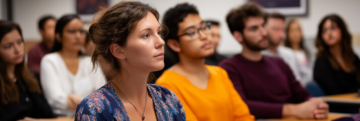Fototapeta premium A thoughtful image showing an engaged audience listening attentively in a classroom, capturing the essence of concentration, learning, and academic pursuit in community.
