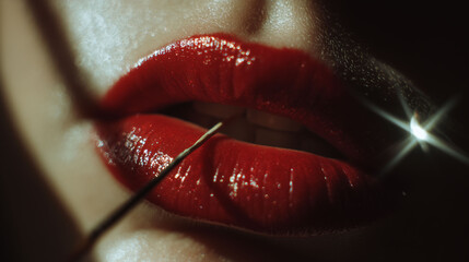 Bright red lips are painted with a lip brush. Red lipstick covers the lips, making the red color pop. Lips, brush, and lipstick create a striking contrast.