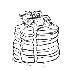 A stack of pancakes with syrup and strawberries on top. Breakfast food design in black and white outline style. Perfect for coloring pages, cafe menu design, bakery logos, packaging, recipe books.