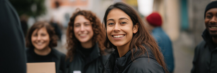 A group of diverse volunteers is joyfully engaging with the community, smiling and embodying the spirit of teamwork, connection, and volunteerism, showcasing the importance of social impact.