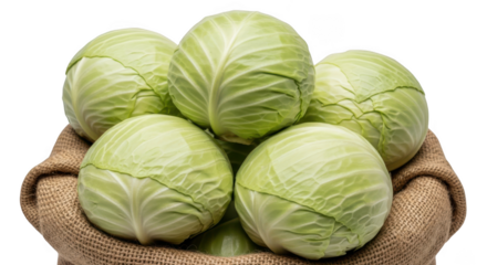 Fresh green cabbage heads in a burlap sack isolated on transparent background