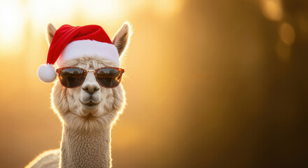 Christmas. Alpaca wearing festive red Santa hat and stylish sunglasses, posing against a warm golden sunset background, embodying the joyful spirit of Christmas and New Year celebrations