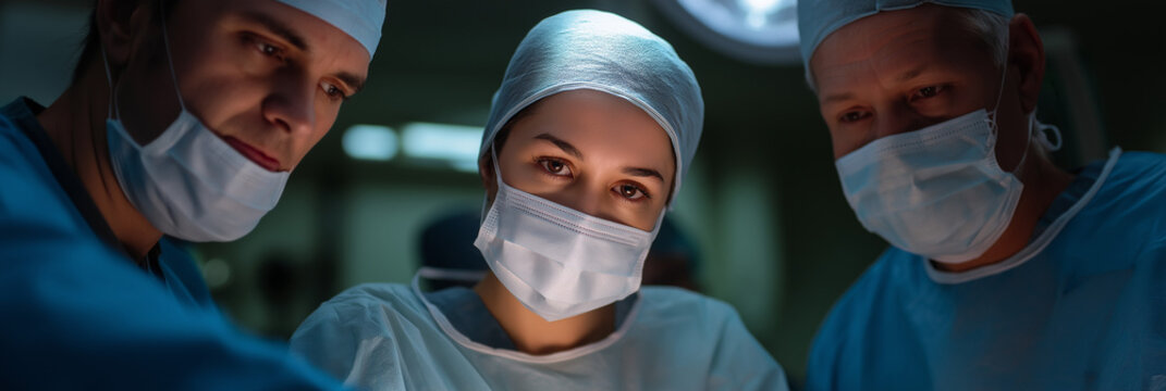 Two surgeons and a third medical professional concentrate on a procedure in the operating room, showcasing dedication and teamwork in a crucial medical environment.