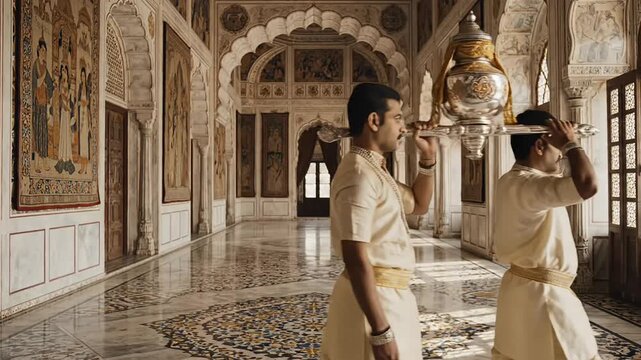 Indian men in traditional attire carrying biryani through an ornate palace hall showcasing cultural heritage and cuisine for travel and culinary promotions