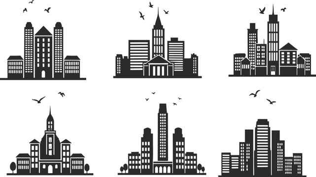 City skyline silhouettes collection, urban landscape vector illustration, architectural building shapes with birds, modern design elements for travel, culture, business themes