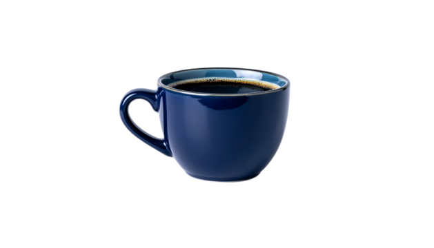 A ceramic mug filled with dark coffee, set against a black background