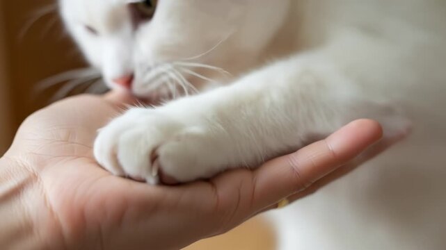 Closeup of a white cats paw being gently held in a human hand with soft lighting and blurred background