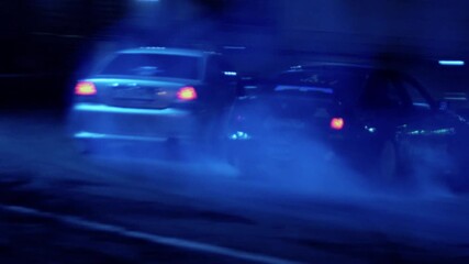 The double race on the night highway is filmed by a drone. Russia.Moscow. 07.11.25