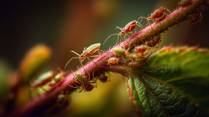 Aphids cluster on a plant stem, feeding on the stem's surface. They move along the stem, interacting with other aphids. The stem supports the aphids as they feed together.