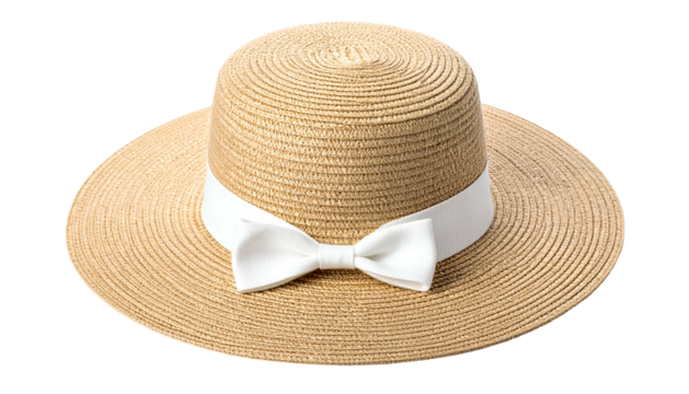Wide-brimmed straw hat, light brown with white bow, against a black background