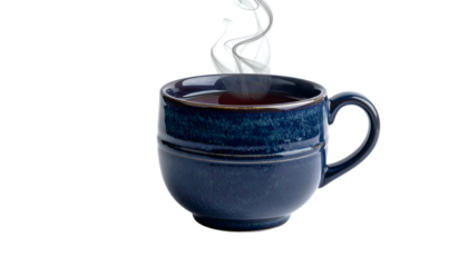 A blue ceramic mug filled with a dark liquid and emitting wisps of steam against black