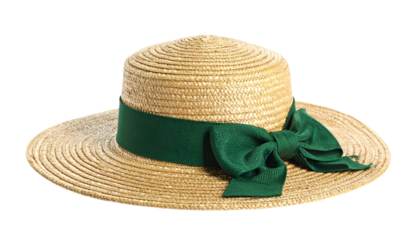 A wide-brimmed straw hat with a green ribbon and bow, isolated on black