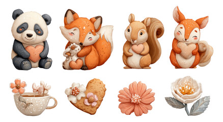 Fototapeta premium Cute Animal Figurines with Heart Motifs in Warm Tones on Transparent Background