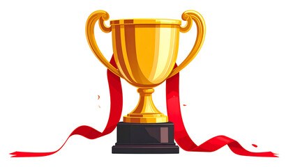 Golden trophy with red ribbon, black base, isolated on black background
