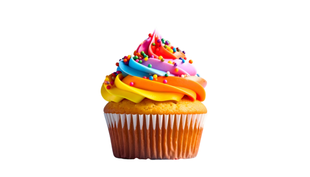 A single cupcake on black, boasting rainbow frosting and sprinkles, in a white paper liner