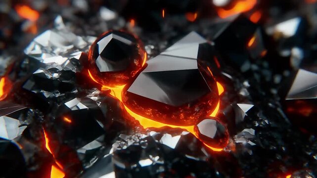 Fiery molten core within dark crystalline structures in dynamic motion