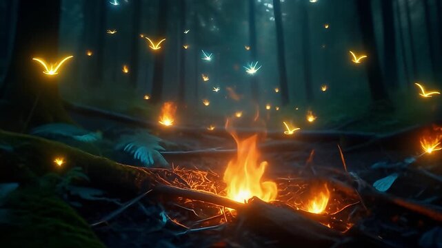 Magical fireflies dance around a campfire in a dark enchanted forest