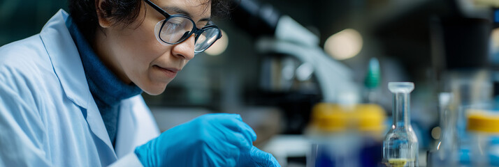 A focused scientist clad in a lab coat and gloves meticulously analyzes samples in a high-tech laboratory, demonstrating precision and dedication to scientific research.