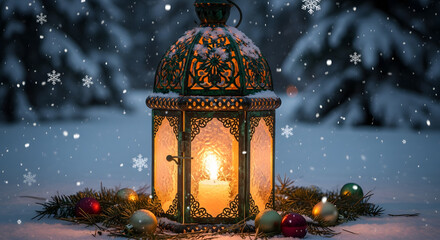 Enchanting glowing lantern illuminates a serene winter wonderland at night, surrounded by gently falling snowflakes and festive holiday ornaments, evoking a cozy and magical seasonal atmosphere