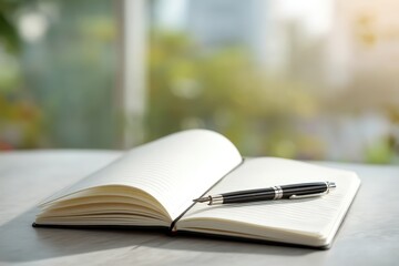 Open notebook with pen thoughtfully arranged on blank pages representing therapeutic journaling and counseling session documentation, perfect for mental health reflection and personal growth concept.