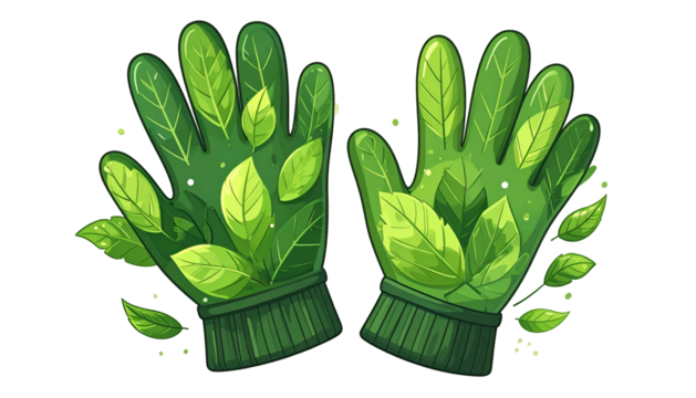 Pair of gardening gloves stylized with leaves, depicting nature and the outdoors