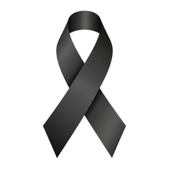 A simple black awareness ribbon symbolizing mourning remembrance or solidarity isolated on a solid black background