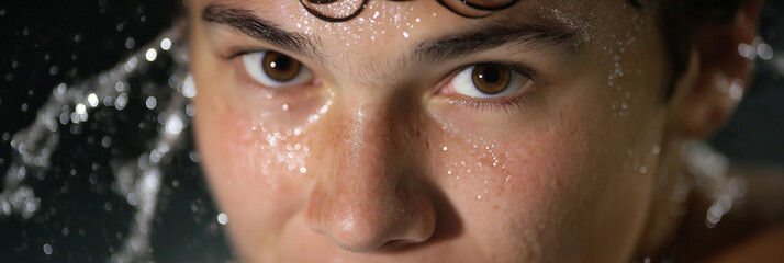 A captivating close-up portrait of a young swimmer's face, with droplets of water glistening on skin, conveying a sense of determination and the thrill of aquatic adventures.