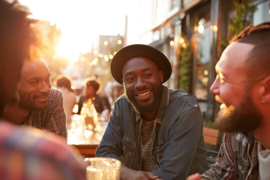 Group of diverse male friends having deep authentic conversation at outdoor cafe showing emotional vulnerability and mutual support, perfect for mental wellness and genuine friendship concept.