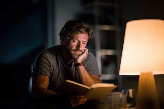 Thoughtful male reading physical book in cozy minimalist setting appreciating slow living lifestyle and quiet moments, perfect for contemplation mindful living and peaceful relaxation concept.