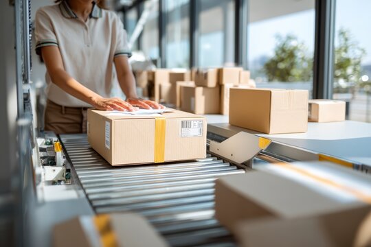 Small business owner efficiently packing customer orders using automated system in modern workspace environment, perfect for future of business innovation and technology integration concept.