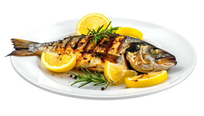 Grilled fish on a white plate with lemon wedges and fresh rosemary sprigs