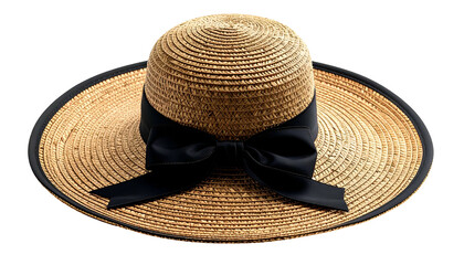 A wide-brimmed straw hat with a black grosgrain ribbon and trim on a black background