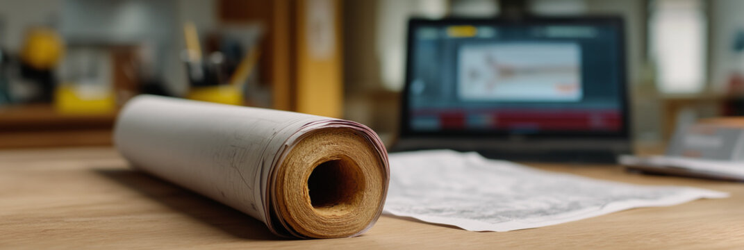 A rolled architectural blueprint rests on a wooden table, with a computer screen in the background displaying design software crucial for architectural planning and design.