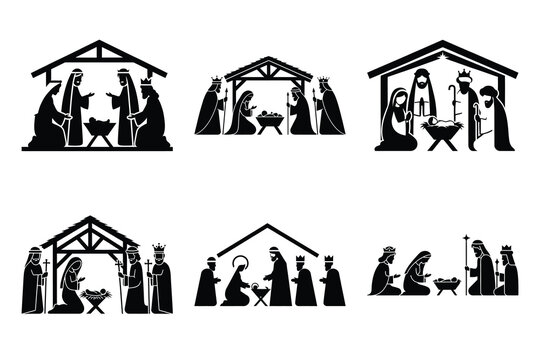 nativity scene icon set silhouette on white background