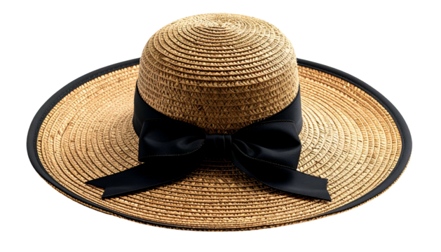 A wide-brimmed straw hat with a black grosgrain ribbon and trim on a black background