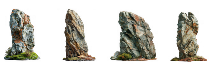Four tall rock formations with moss isolated on transparent background