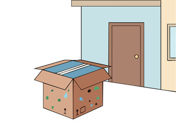 A cardboard box sits outside a door, representing eco-friendly delivery. Clean, simple composition with a muted color palette. Suitable for business and logistics themes.