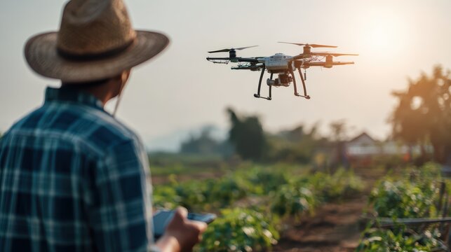 Farmer controlling drones flying over smart farm field. Future of agriculture hyper niche industry precision farming technology innovation automation digital monitoring and sustainable cultivation.