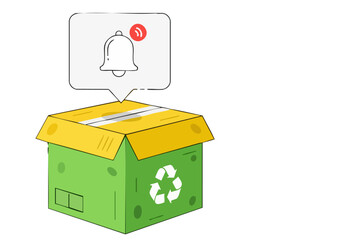 A stylized green cardboard box with a recycle symbol displays an active notification bell. Clean, modern illustration for digital marketing and communication. Bright, inviting design.