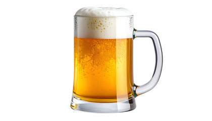 Frothy beer fills a clear glass mug, isolated against a black background, with bubbles