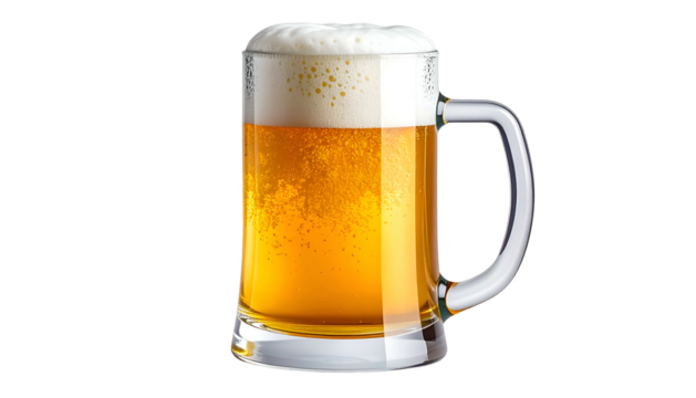 Frothy beer fills a clear glass mug, isolated against a black background, with bubbles