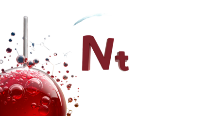 A red chemical lab beaker with molecules, metal stick, and "Nt" with a curved white line