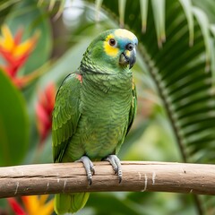 Obraz premium Vibrant Green Parrot Perched on Branch among Lush Foliage Neotropical Bird with Colorful Plumage Nature Wildlife Amazon Parrot Tropical Bird Yellow Crowned Amazon Eye-Catching Bird Photo