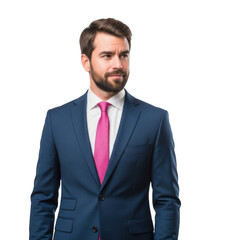 Professional business man wearing a dark blue suit and bright pink tie looking to the side isolated on transparent background