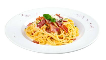 A plated, appetizing pasta dish, featuring spaghetti, bacon, cheese, & basil