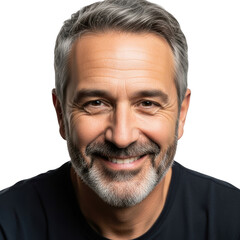 Obraz premium A smiling middle aged man with graying hair and beard looking directly at the viewer isolated on transparent background