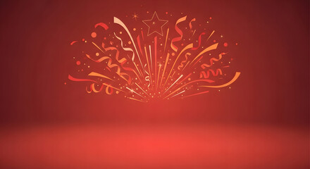Dynamic explosion of golden confetti and stars on a rich red stage background for a holiday party or event announcement