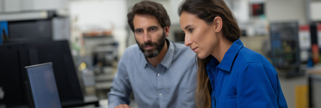 Two professionals are deeply engaged in a discussions surrounding a complex project, analyzing data and ideas together in a modern office, fostering teamwork and innovation.